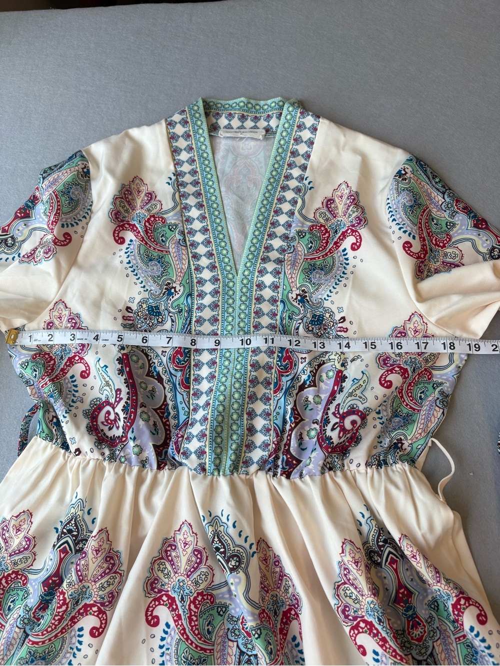 Boho Chic Paisley V-Neck Tunic Dress in Cream Teal Burgundy Goodnight Macaroon M - Picture 6 of 8